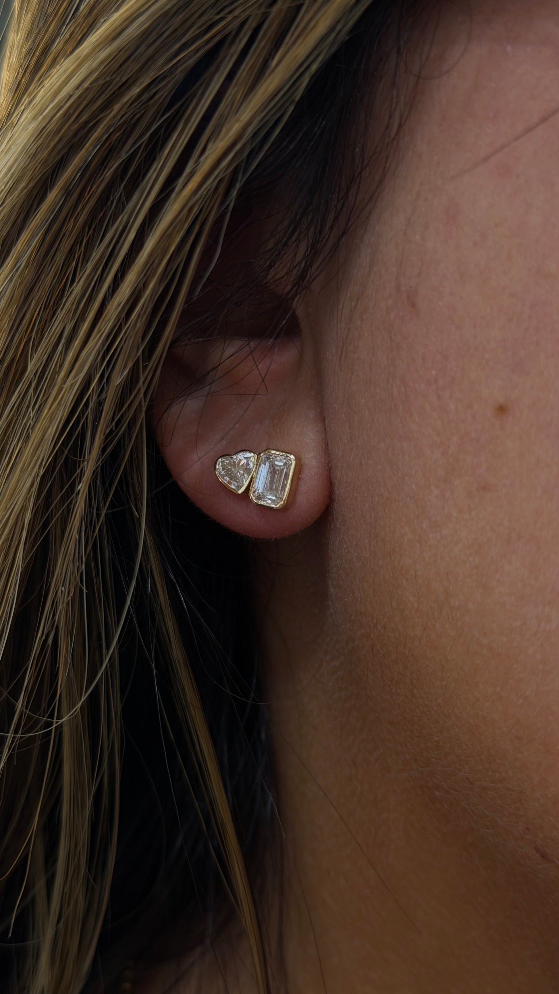1.95ct Toi et Moi Heart & Emerald Lab Diamond Studs in 14K Gold