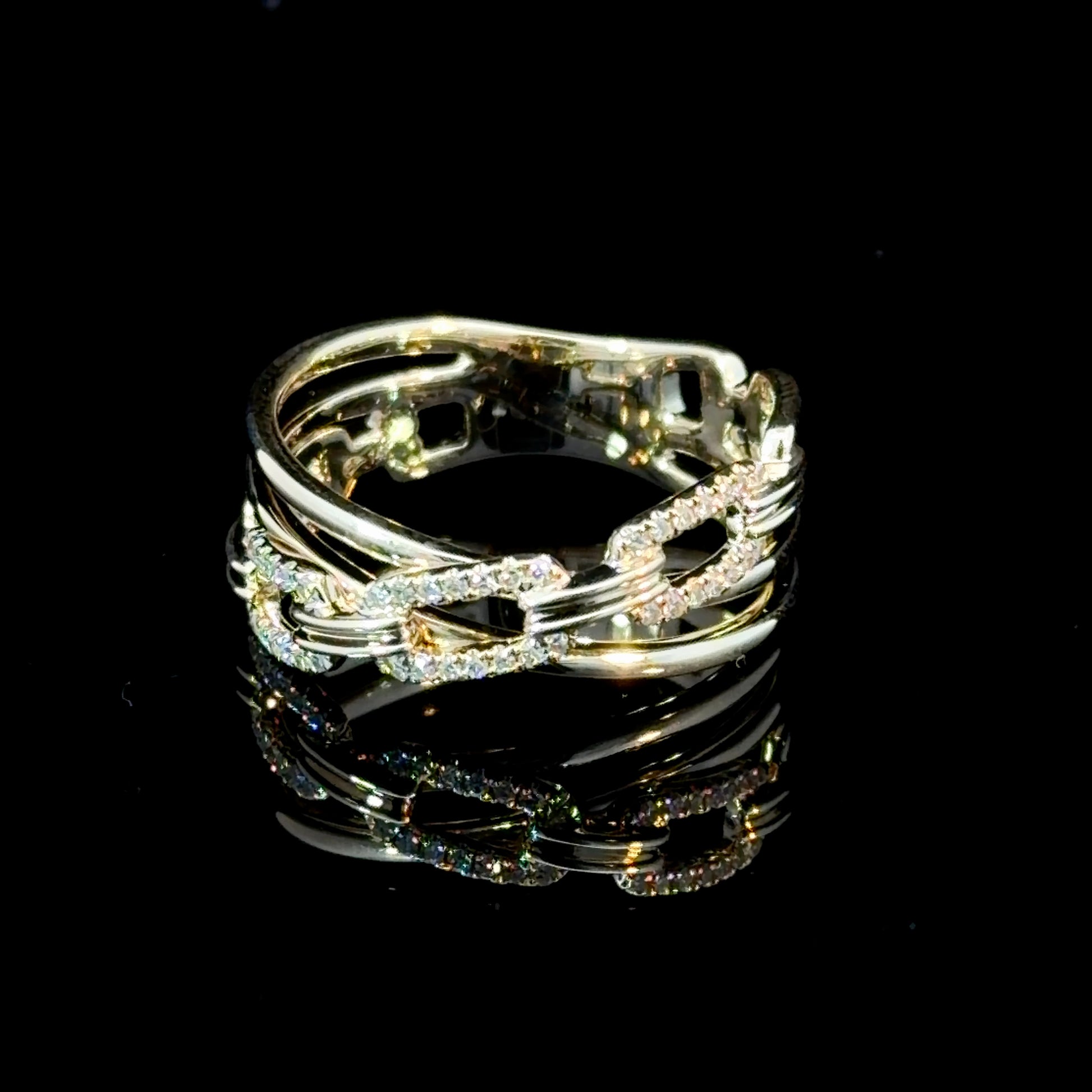 14K Gold Multi-Row Link Ring with Sparkling Diamonds