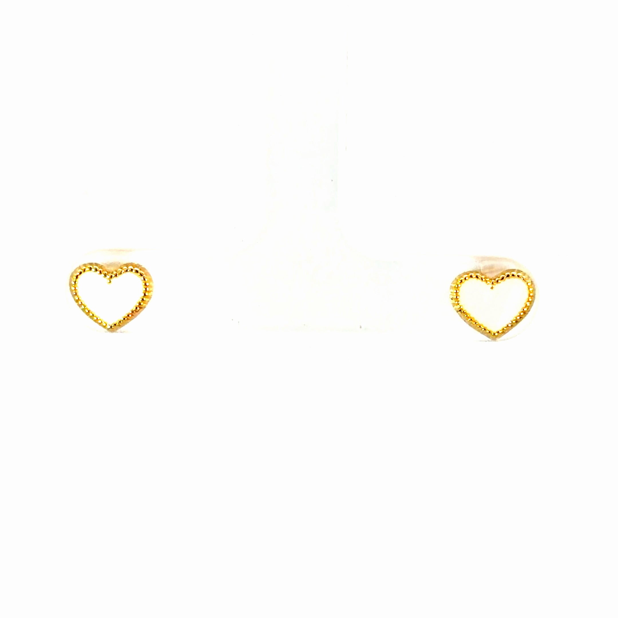 Beaded White Enamel Heart Stud Earrings – 14K Gold