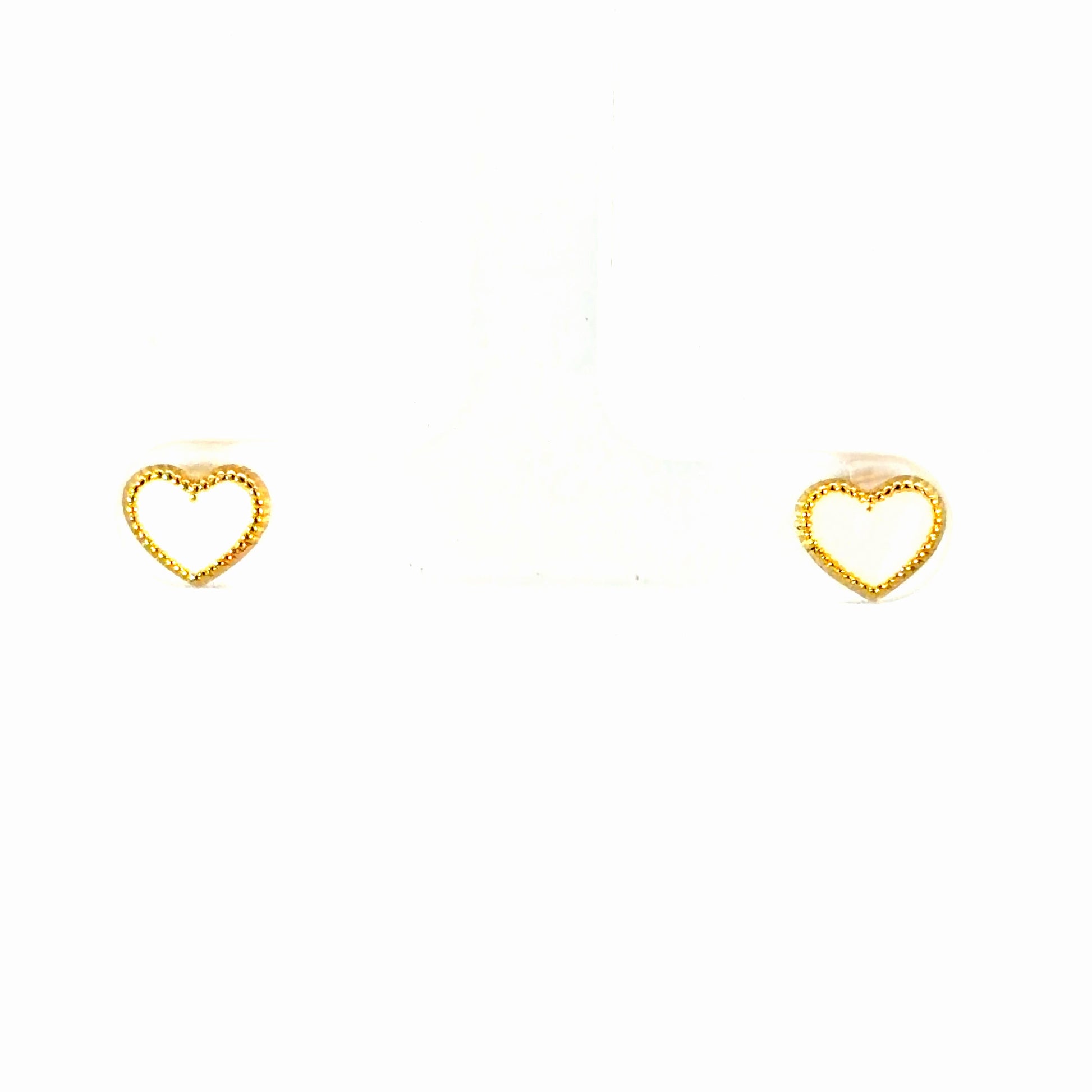 Beaded White Enamel Heart Stud Earrings – 14K Gold