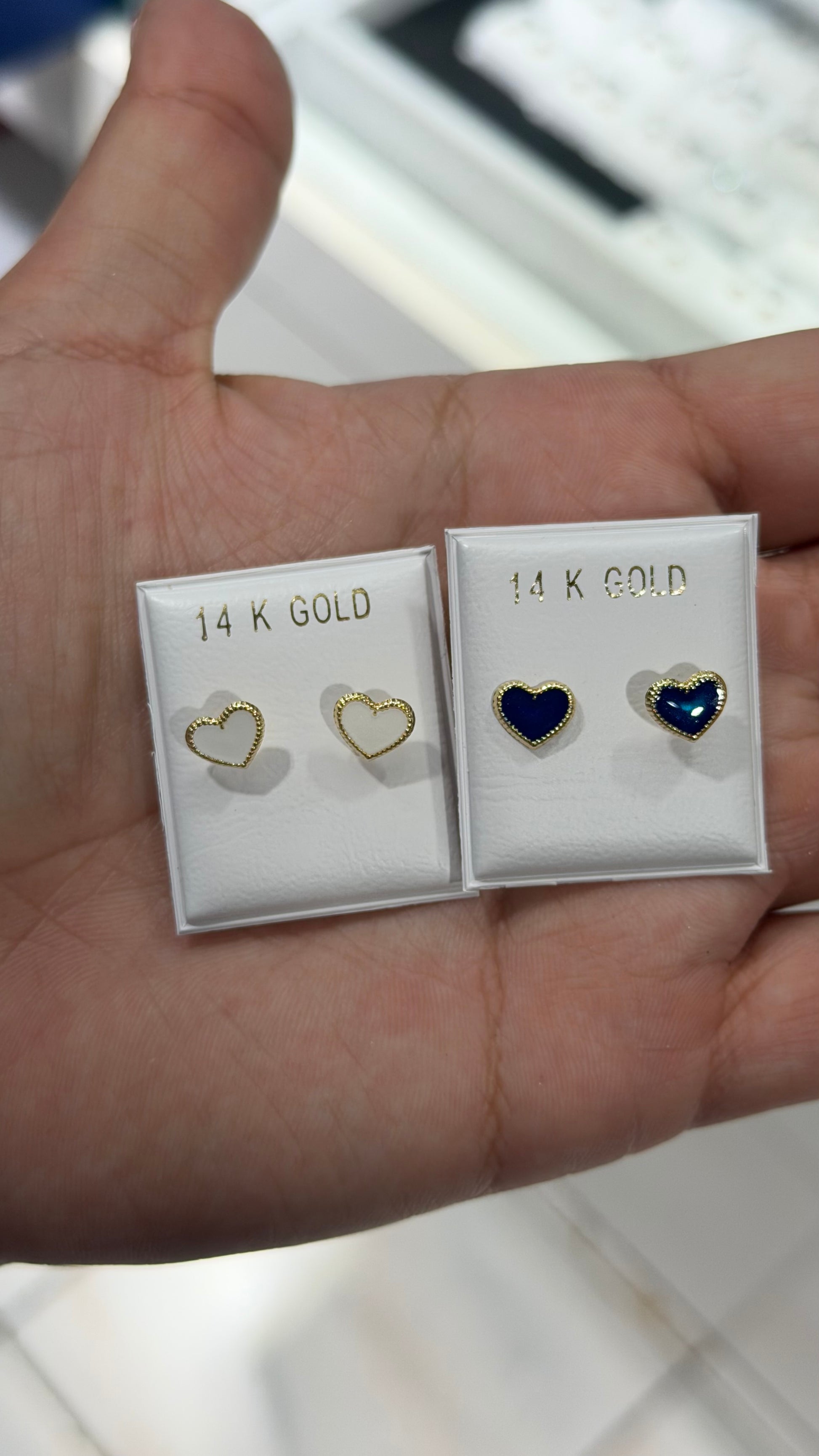 Beaded White Enamel Heart Stud Earrings – 14K Gold