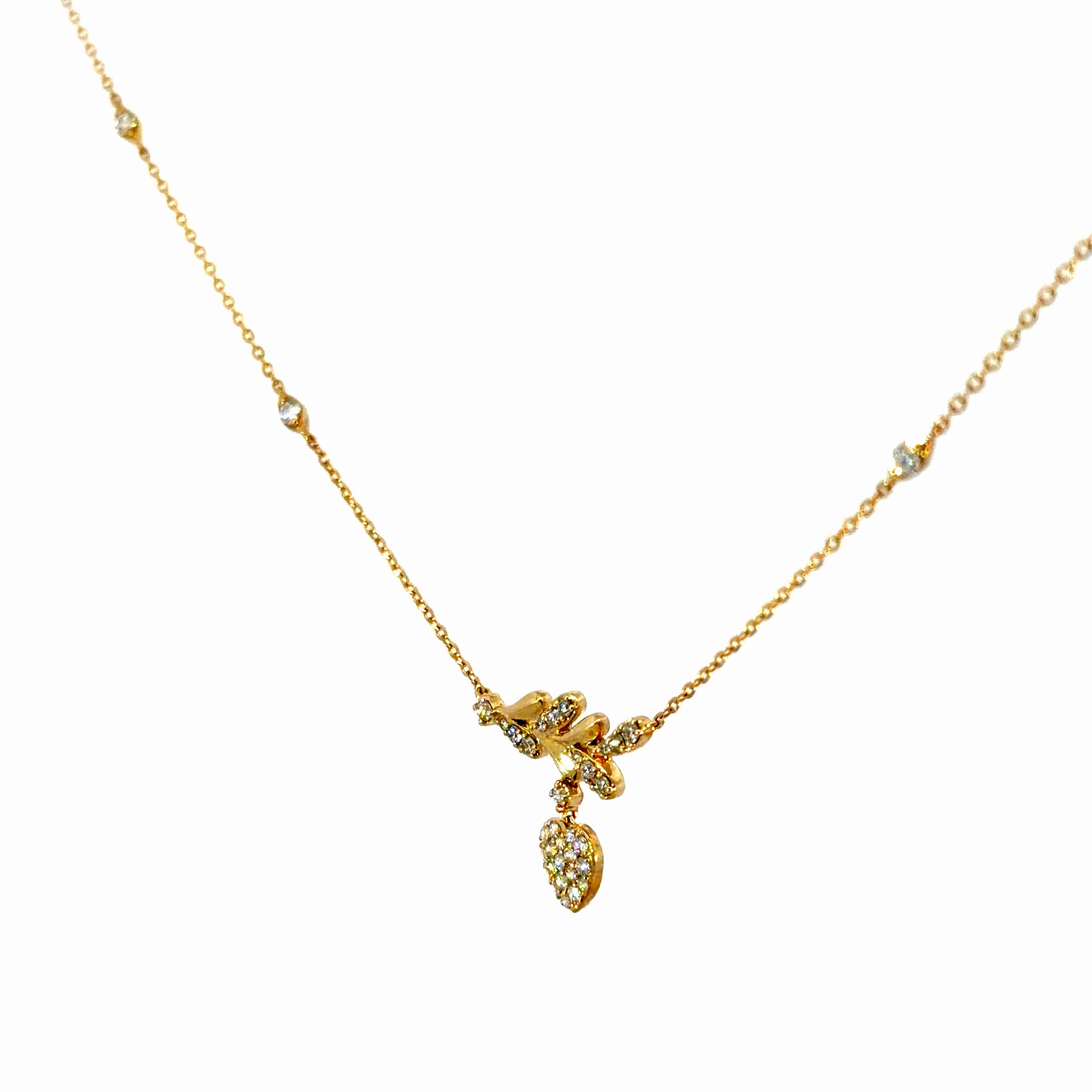 14K Gold Leaf & Heart Natural Diamond Necklace