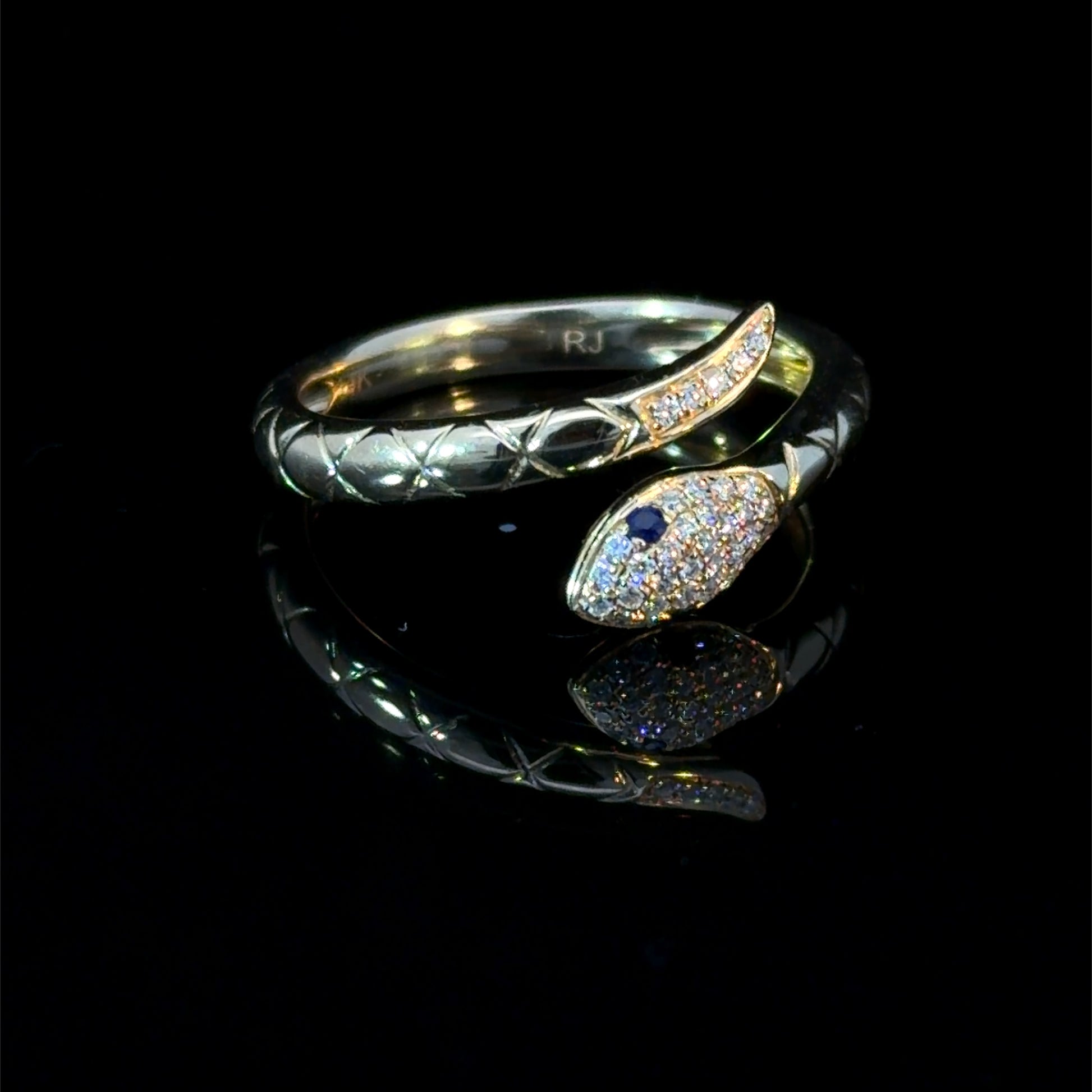 14K Gold Sapphire Snake Ring – Diamond Pavé Serpent Wrap Ring