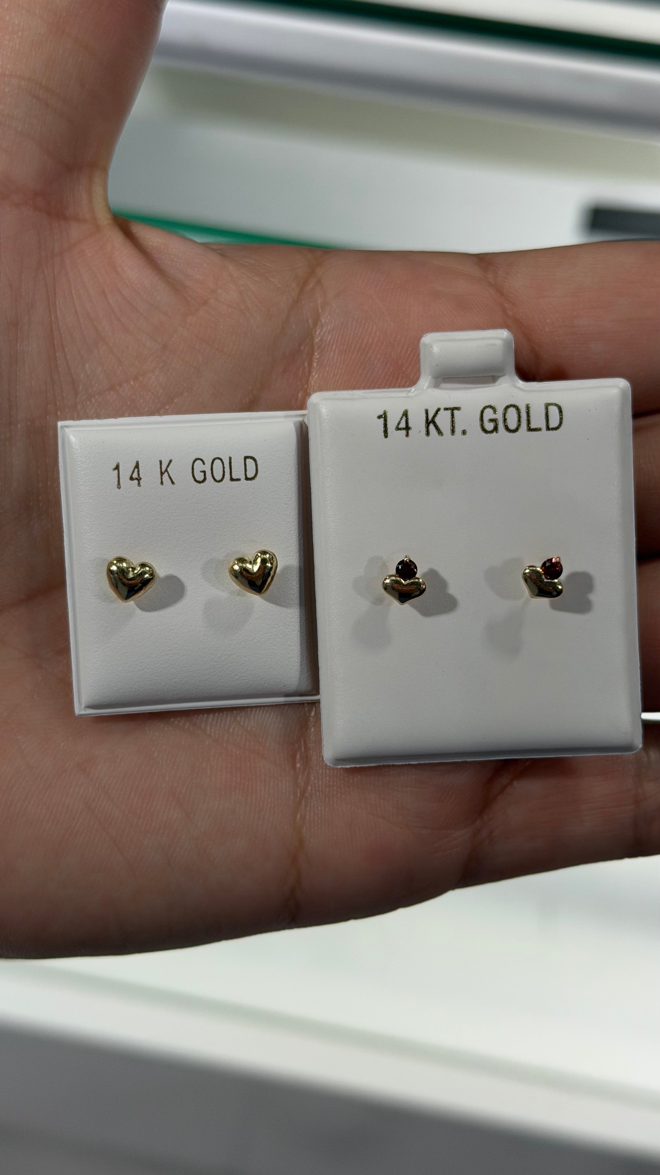 14K Gold Heart Studs with Red Gemstone