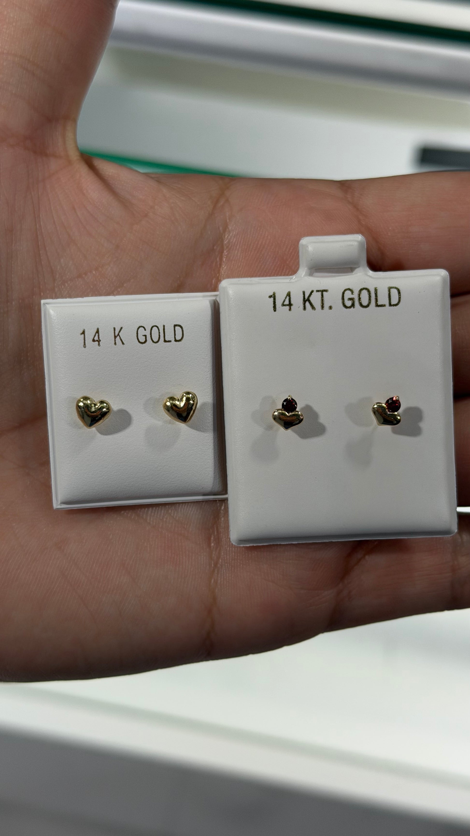 14K Gold Heart Studs with Red Gemstone
