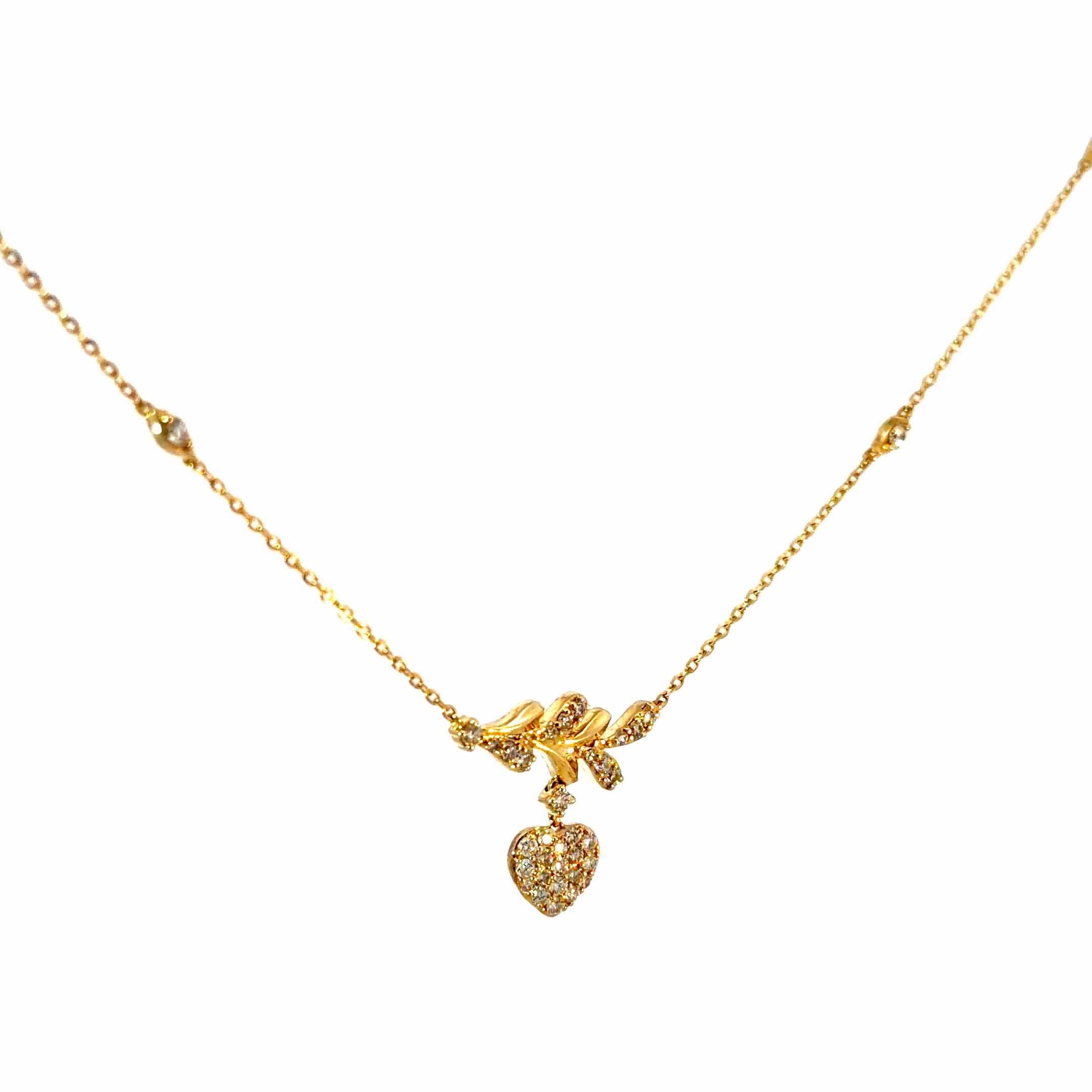 14K Gold Leaf & Heart Natural Diamond Necklace