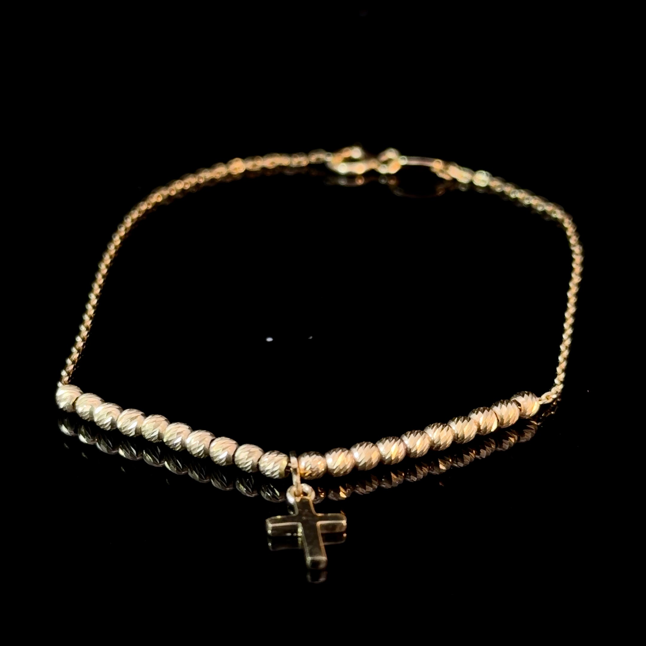 14K Gold Beaded Bracelet with Cross Charm