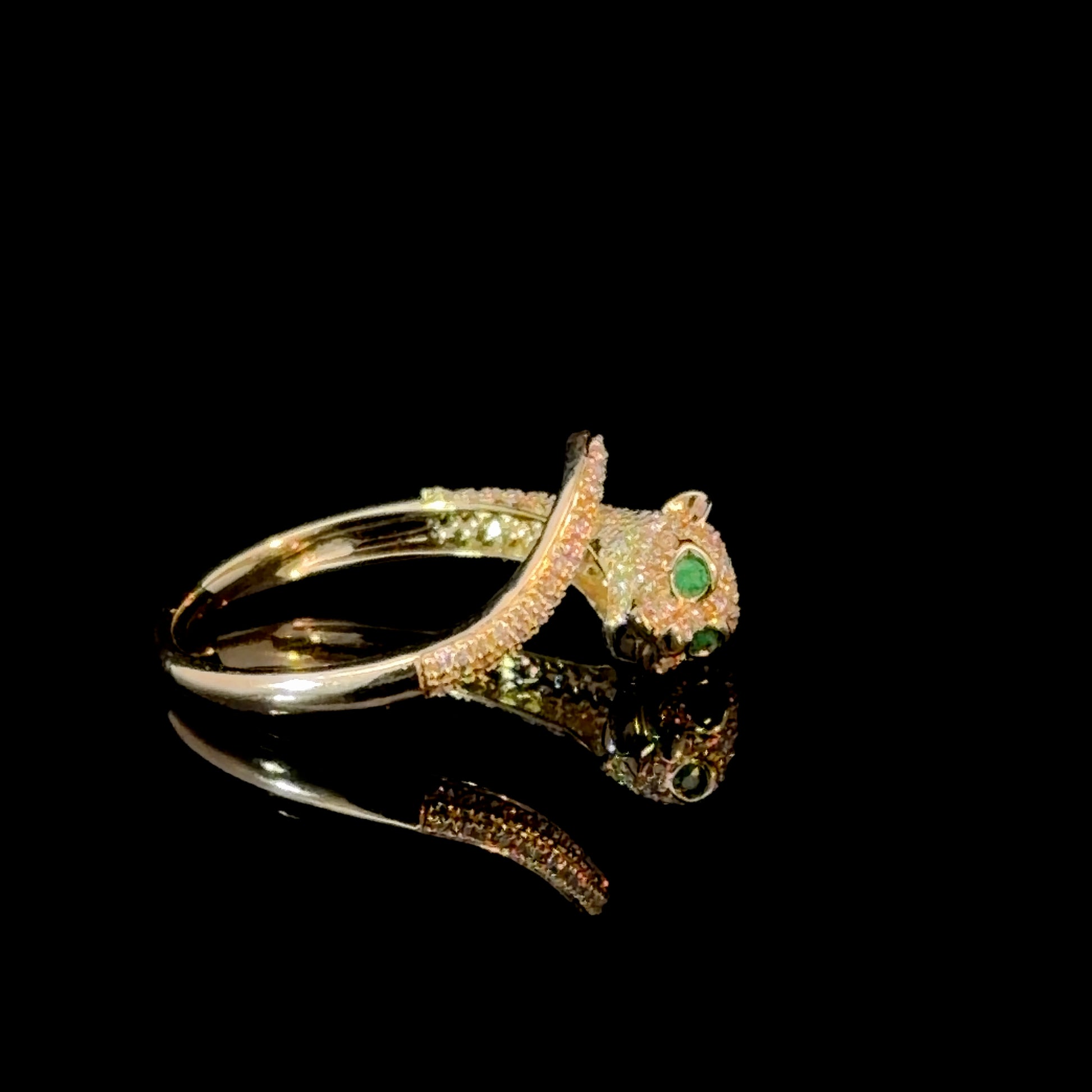 14k Gold Emerald Panther Ring - Diamond Pavé Wrap Ring