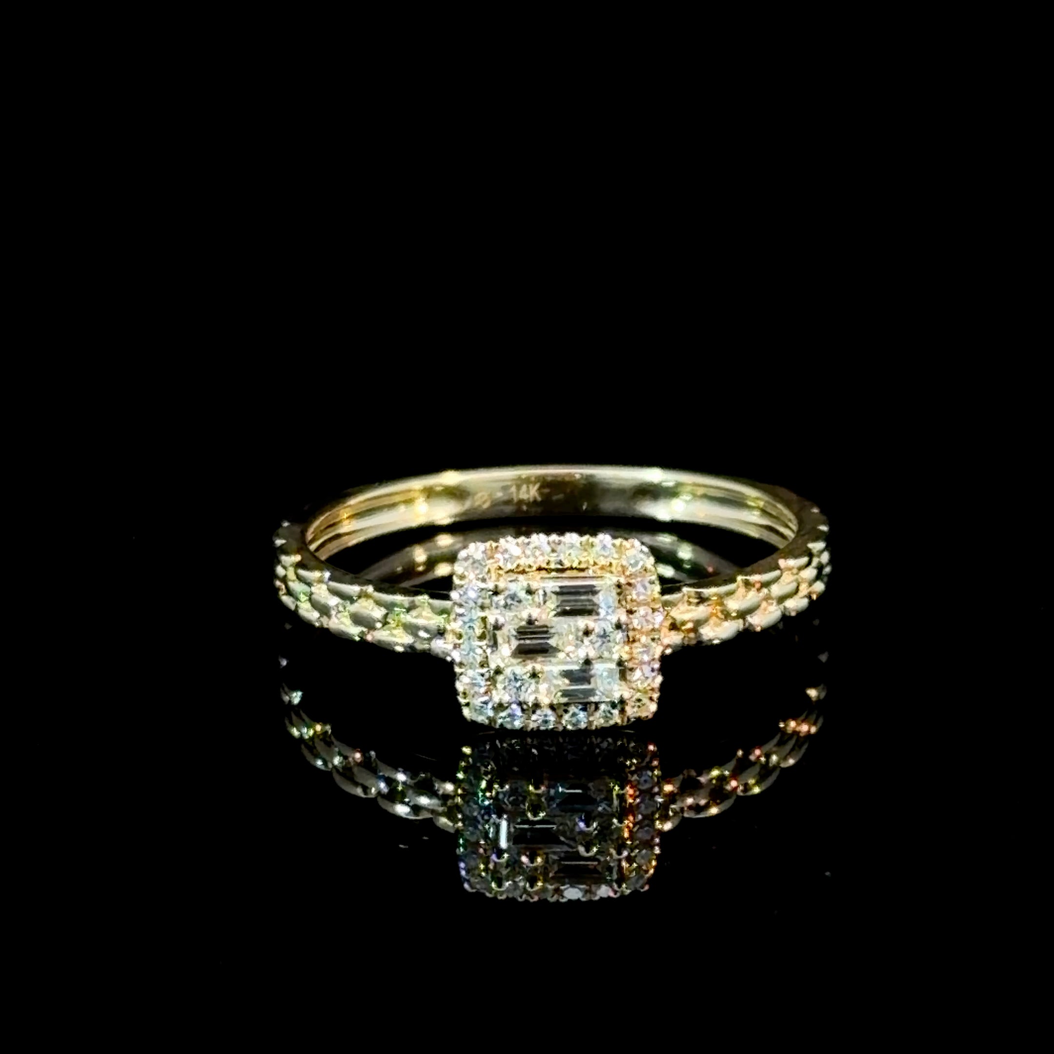 14K Gold Baguette & Round Diamond Halo Ring