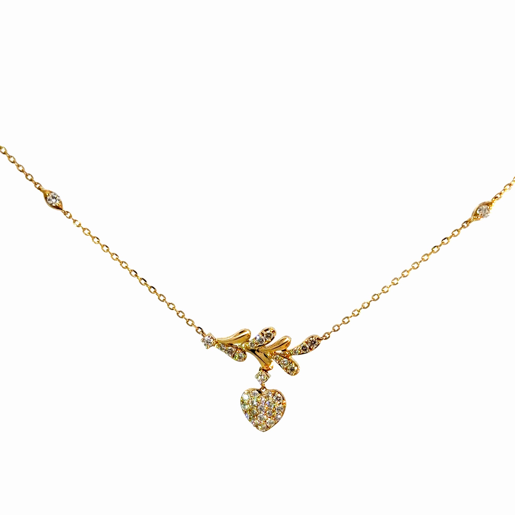 14K Gold Leaf & Heart Natural Diamond Necklace