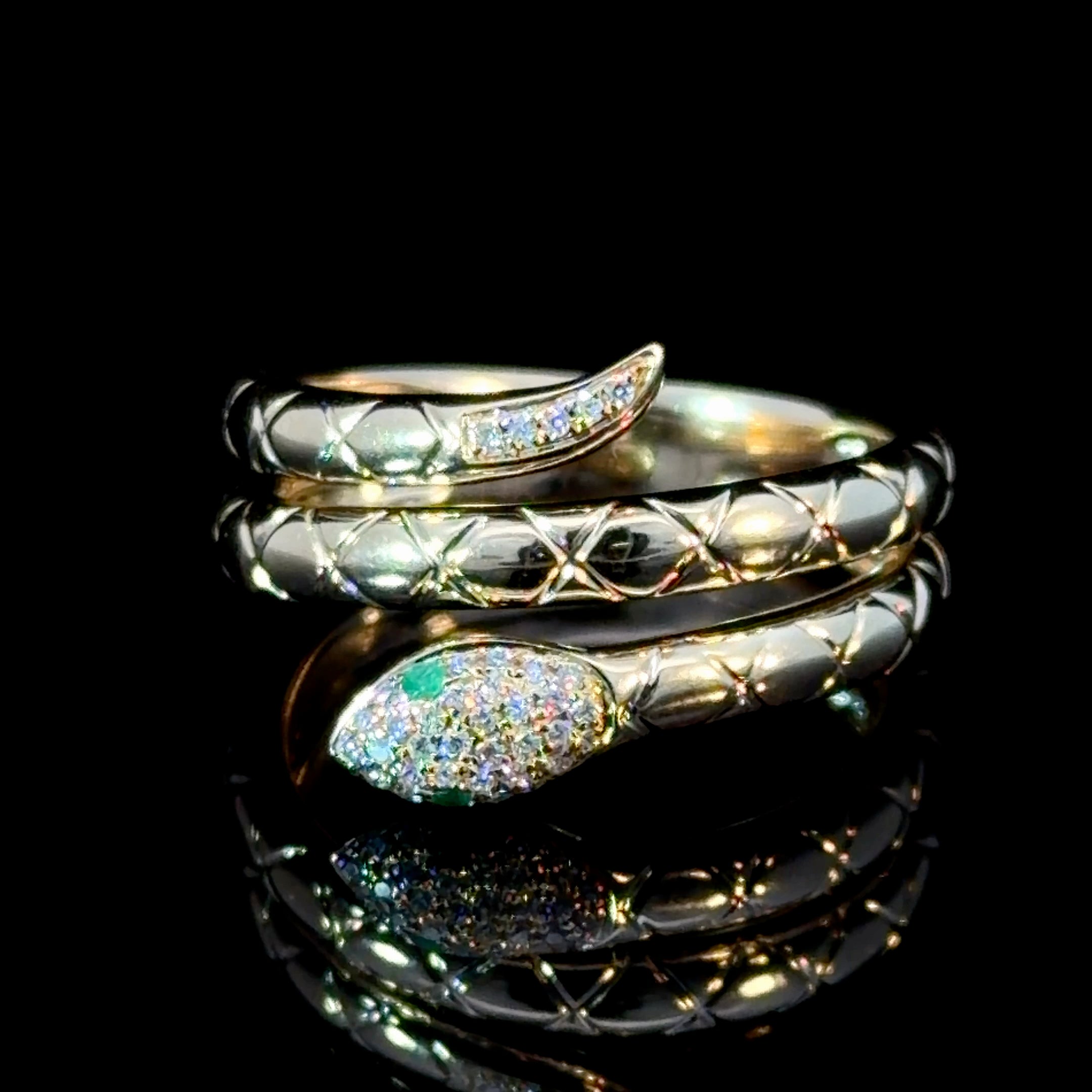 14K Gold Emerald Snake Ring – Diamond Pavé Serpent Wrap Ring