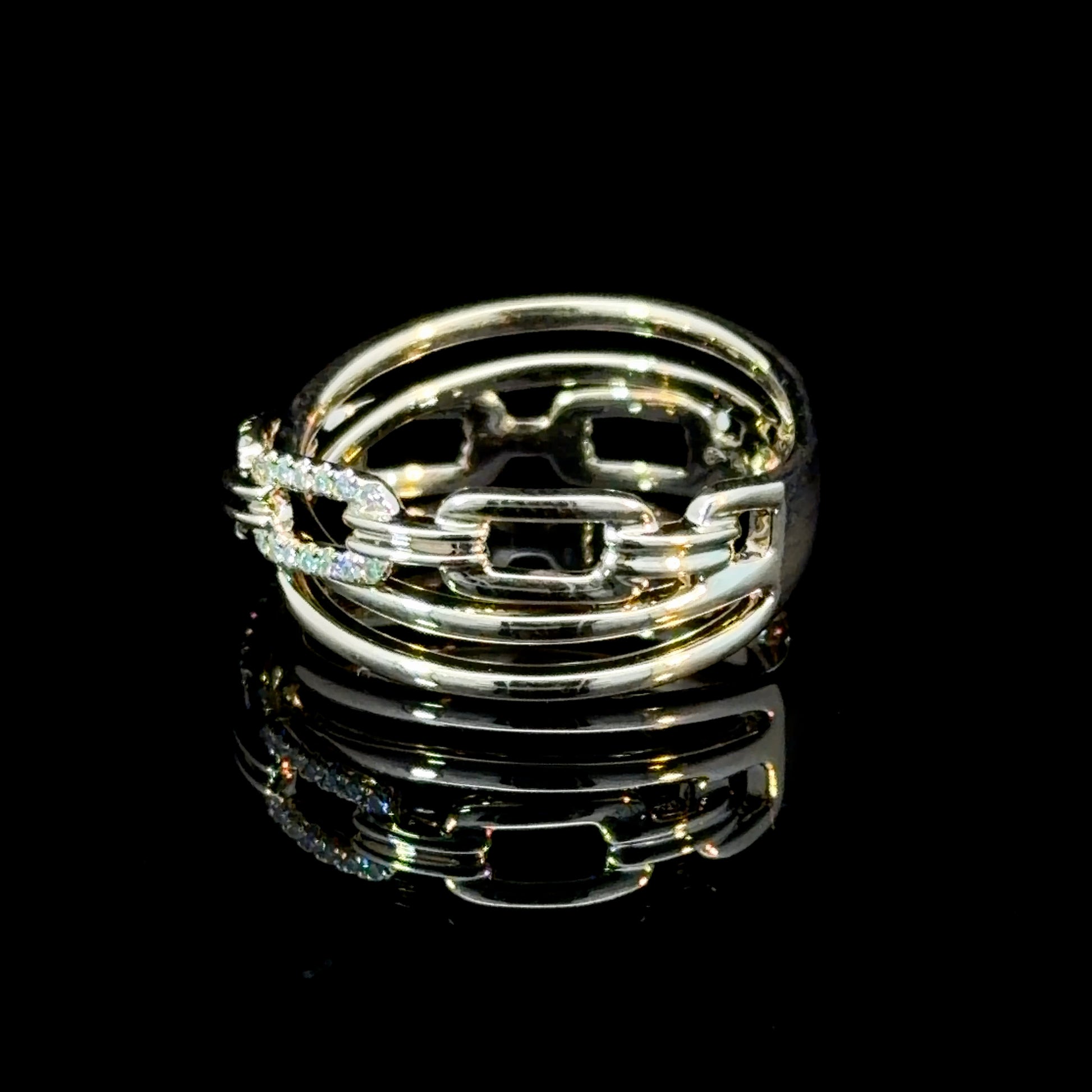 14K Gold Multi-Row Link Ring with Sparkling Diamonds