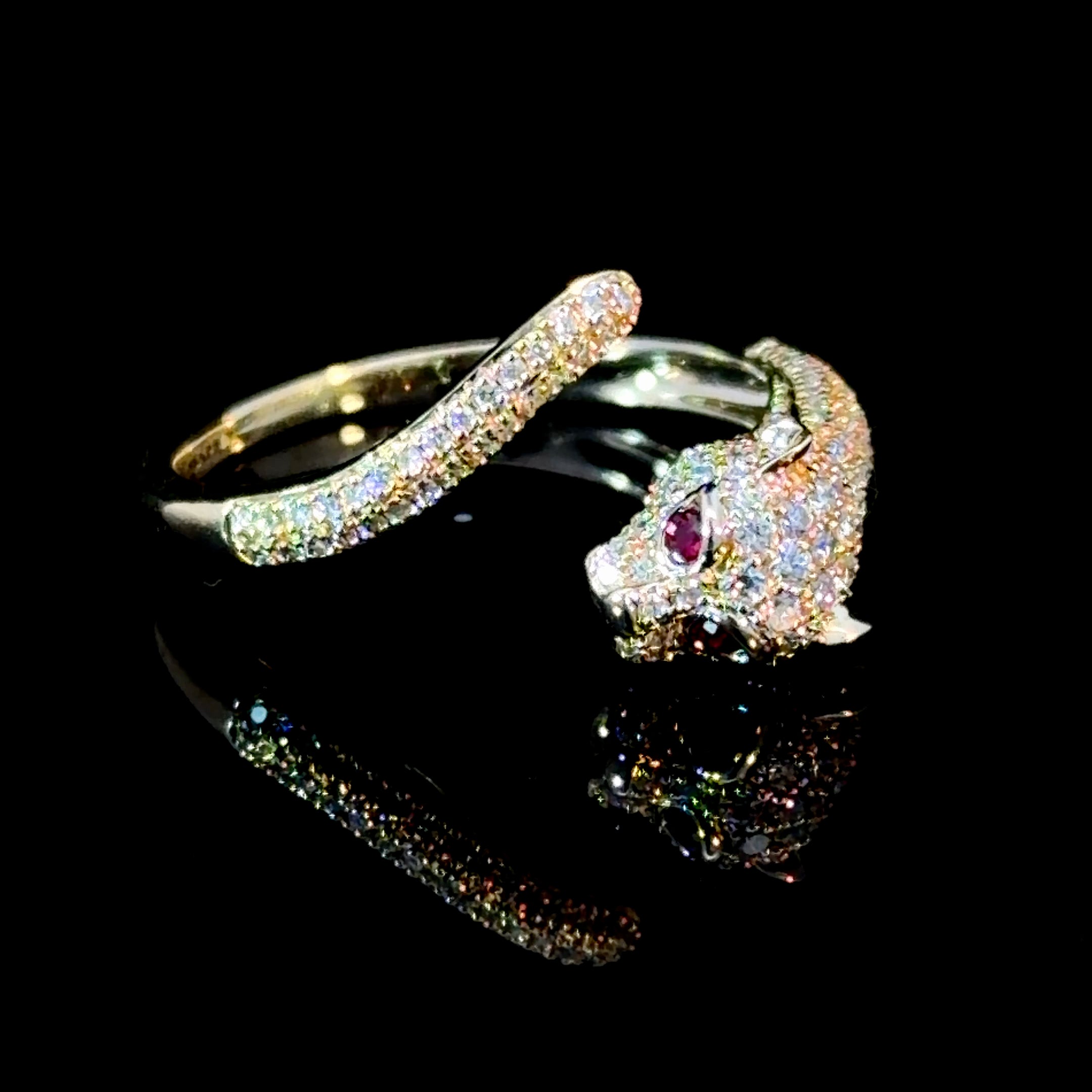 14k Gold Ruby Panther Ring - Diamond Pavé Wrap Ring