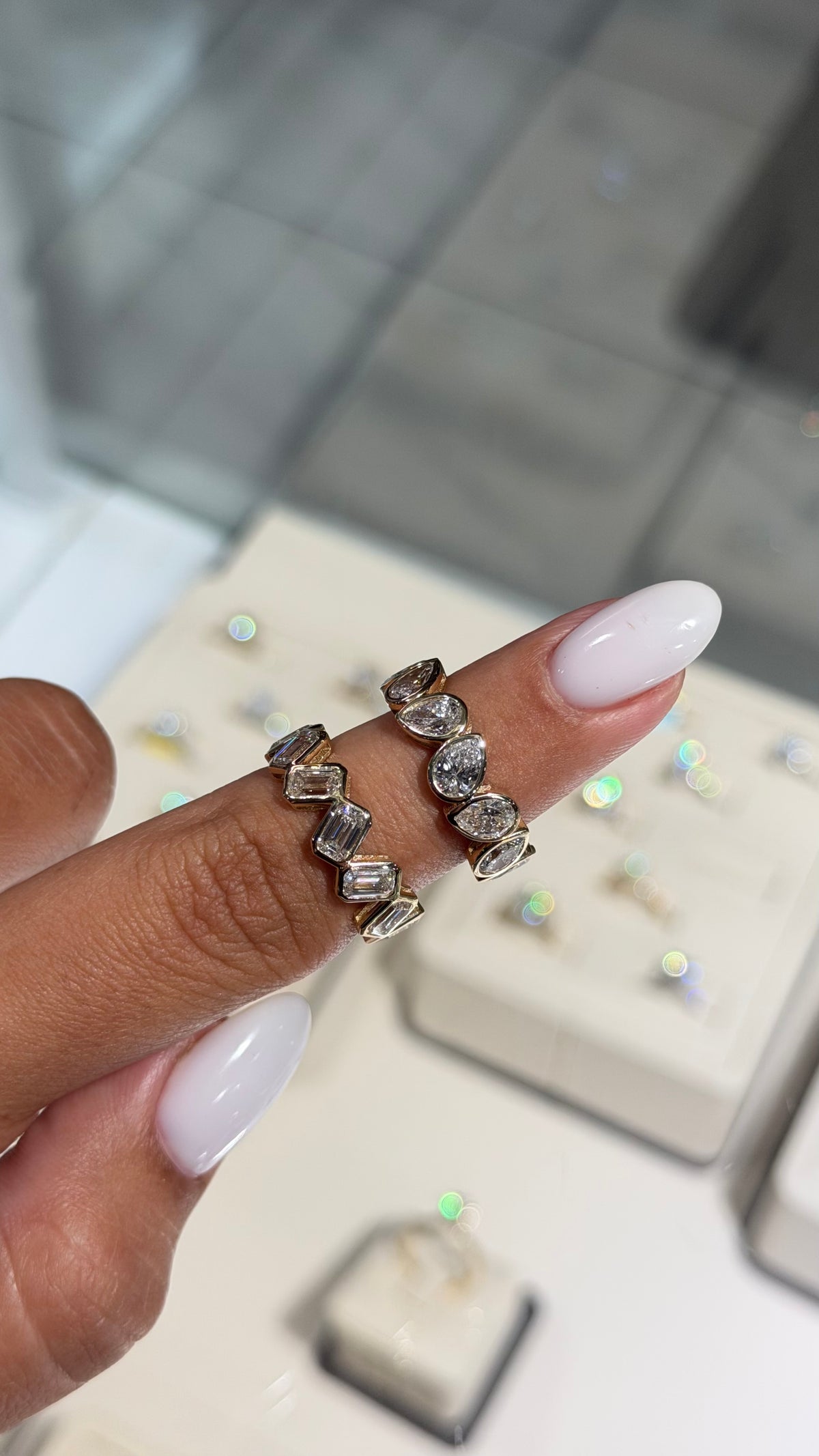 3ct Alternating Pear Diamond Bezel Halfway Eternity Ring