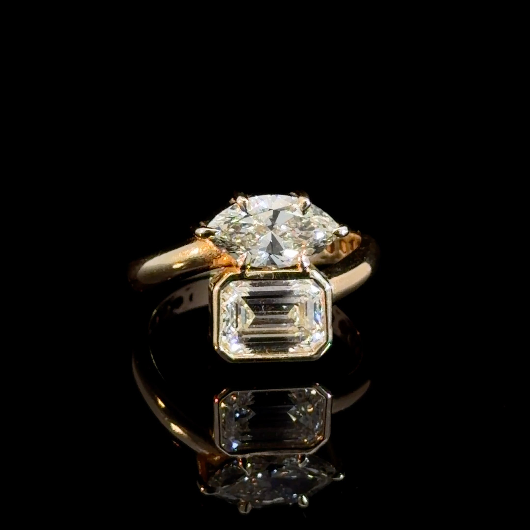 2.60 Cttw Marquise & Emerald Cut Lab Diamond Toi Et Moi Ring In 14K Yellow Gold