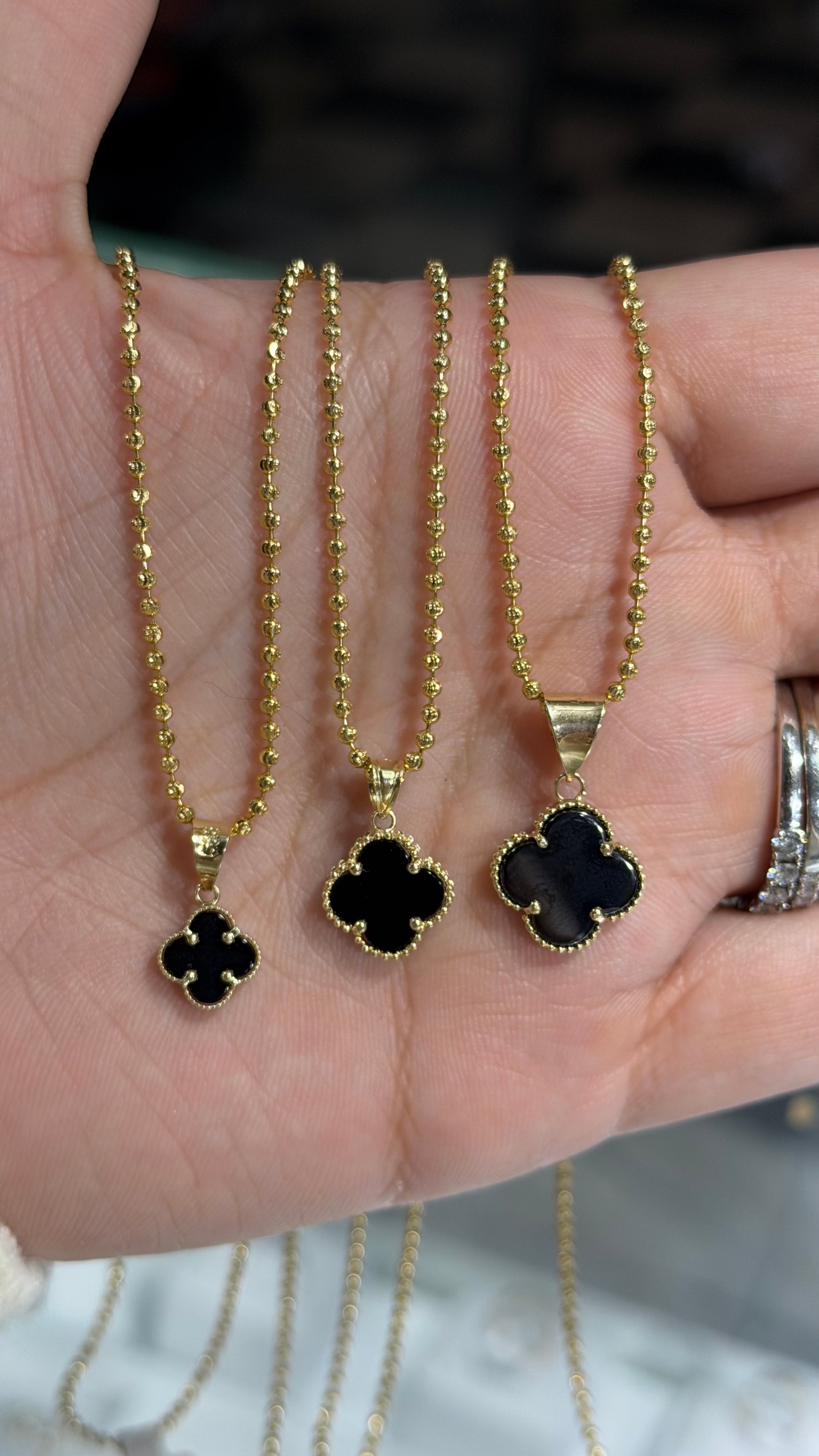 14K Gold Beaded Chain with Black Clover Pendant