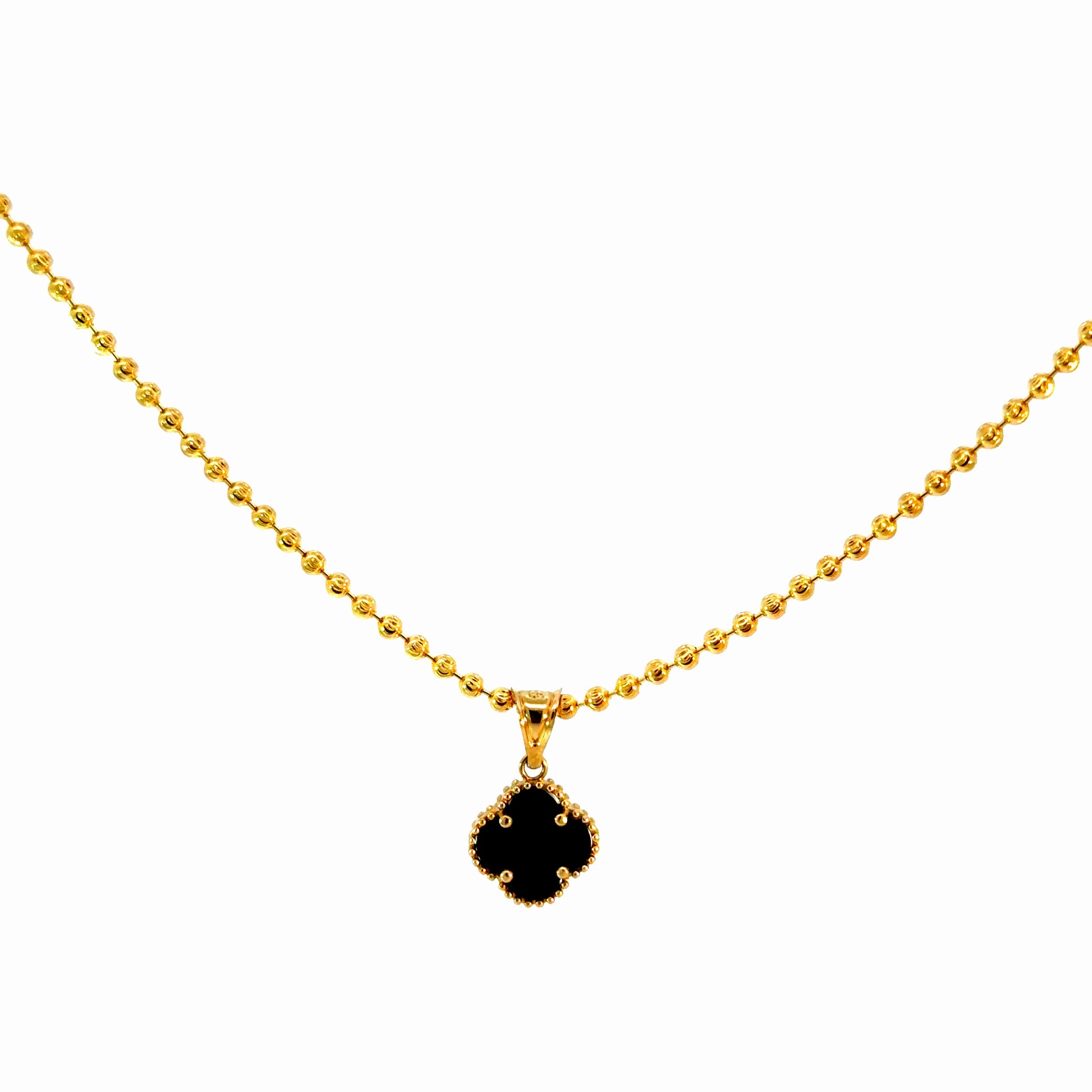 14K Gold Beaded Chain with Black Clover Pendant