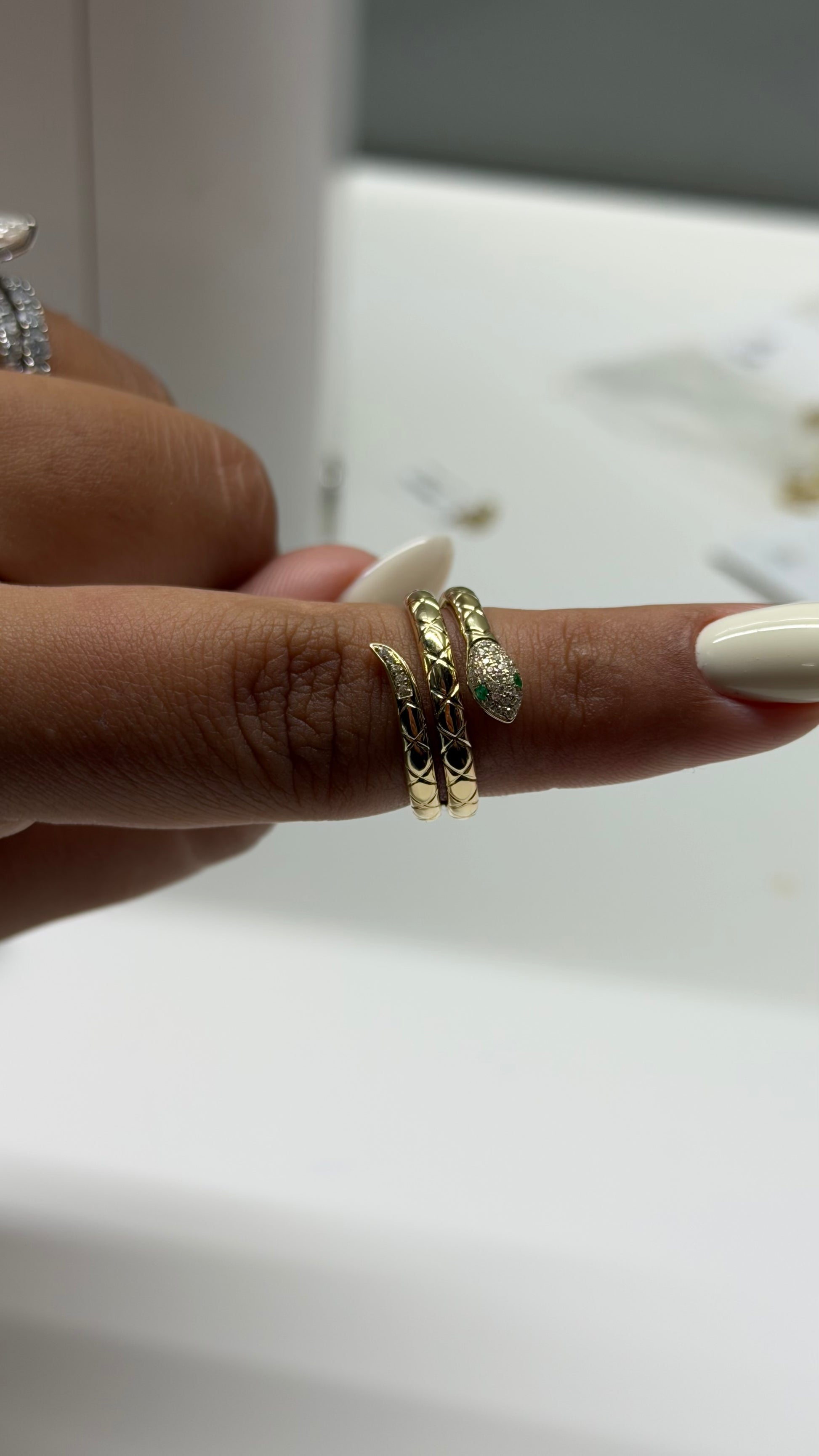 14K Gold Emerald Snake Ring – Diamond Pavé Serpent Wrap Ring