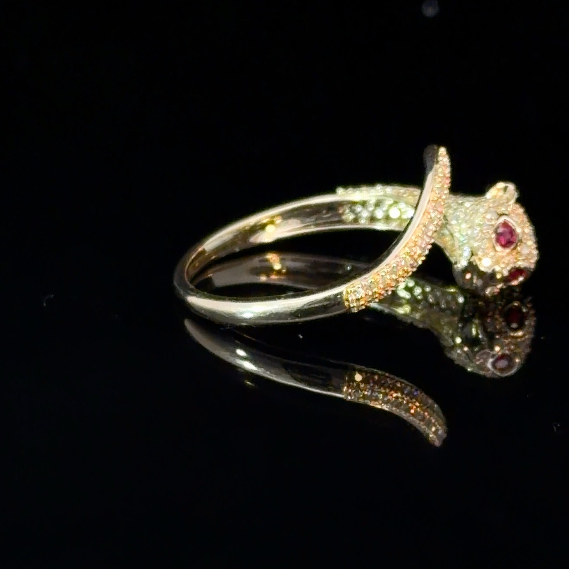 14k Gold Ruby Panther Ring - Diamond Pavé Wrap Ring