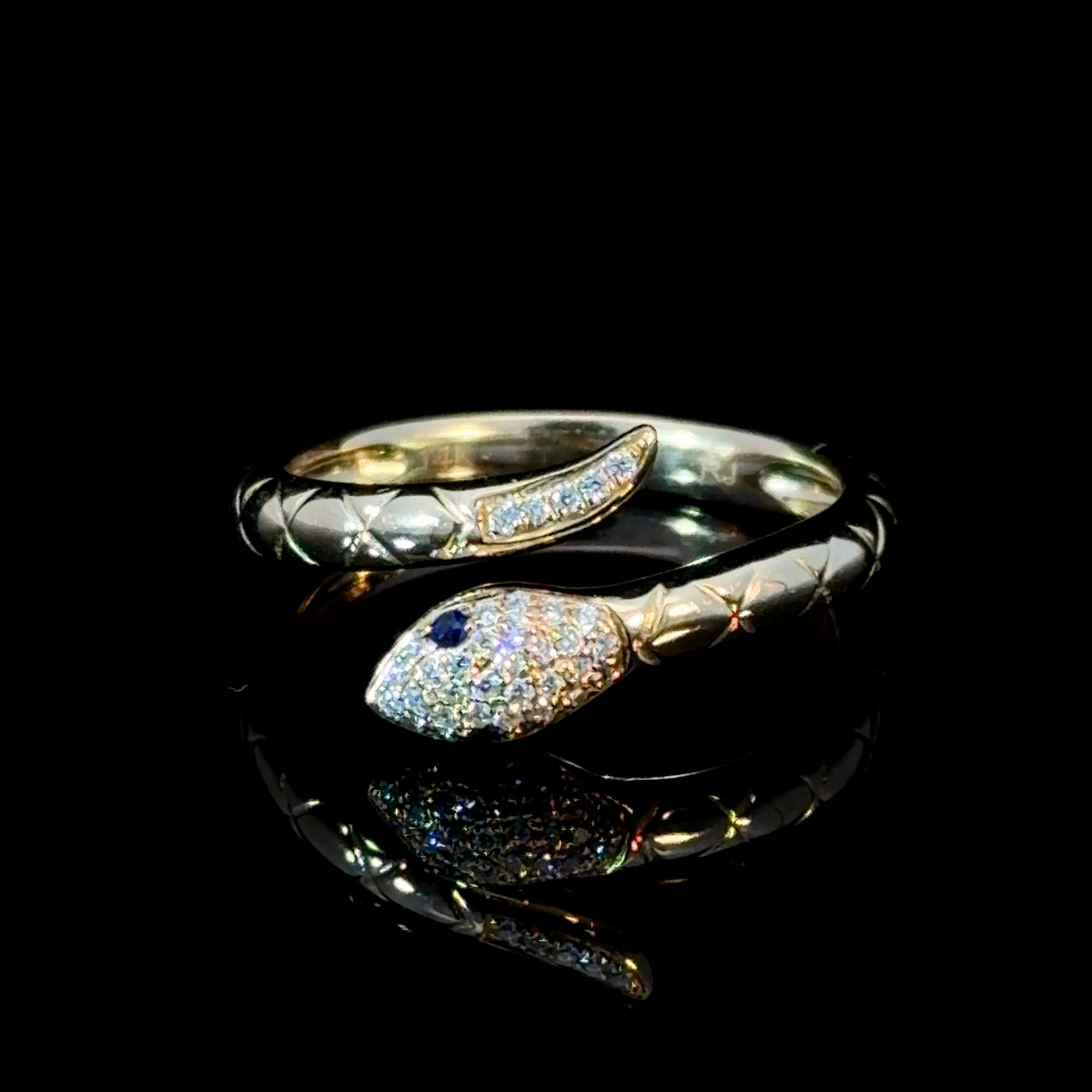14K Gold Sapphire Snake Ring – Diamond Pavé Serpent Wrap Ring