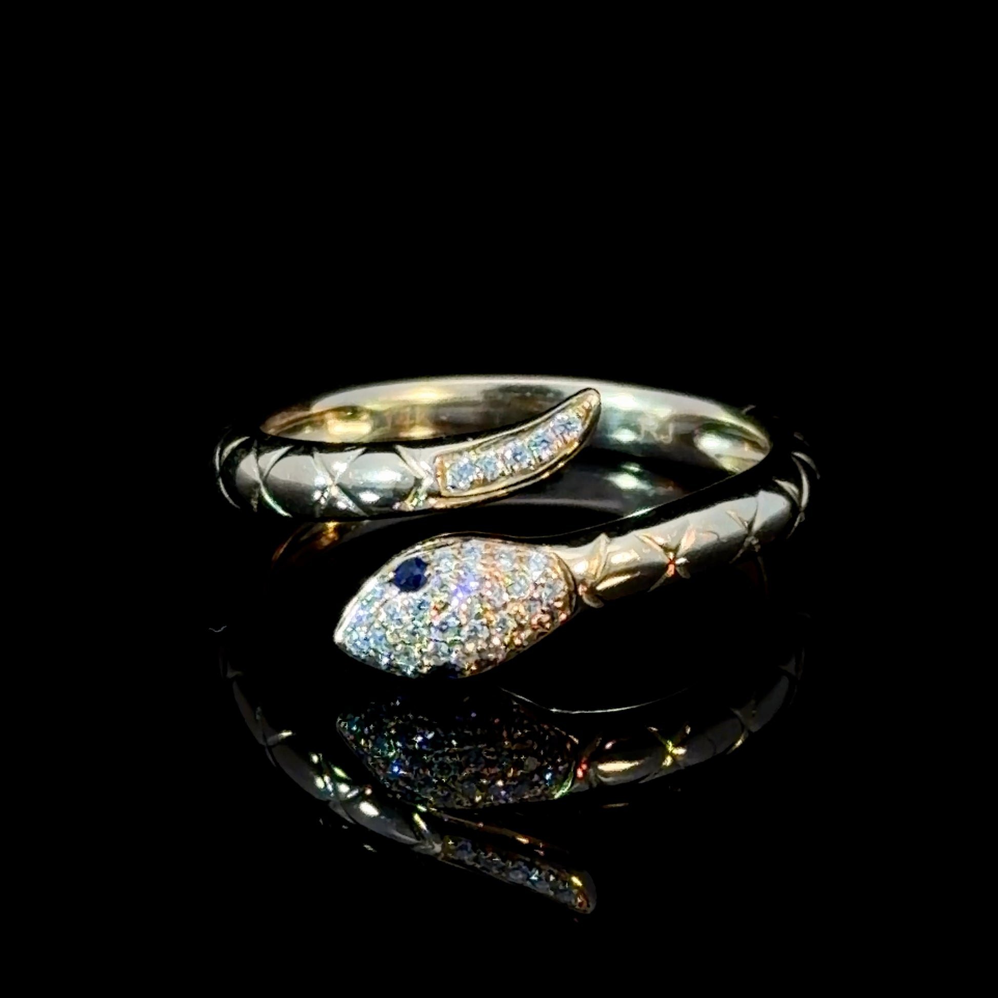 14K Gold Sapphire Snake Ring – Diamond Pavé Serpent Wrap Ring
