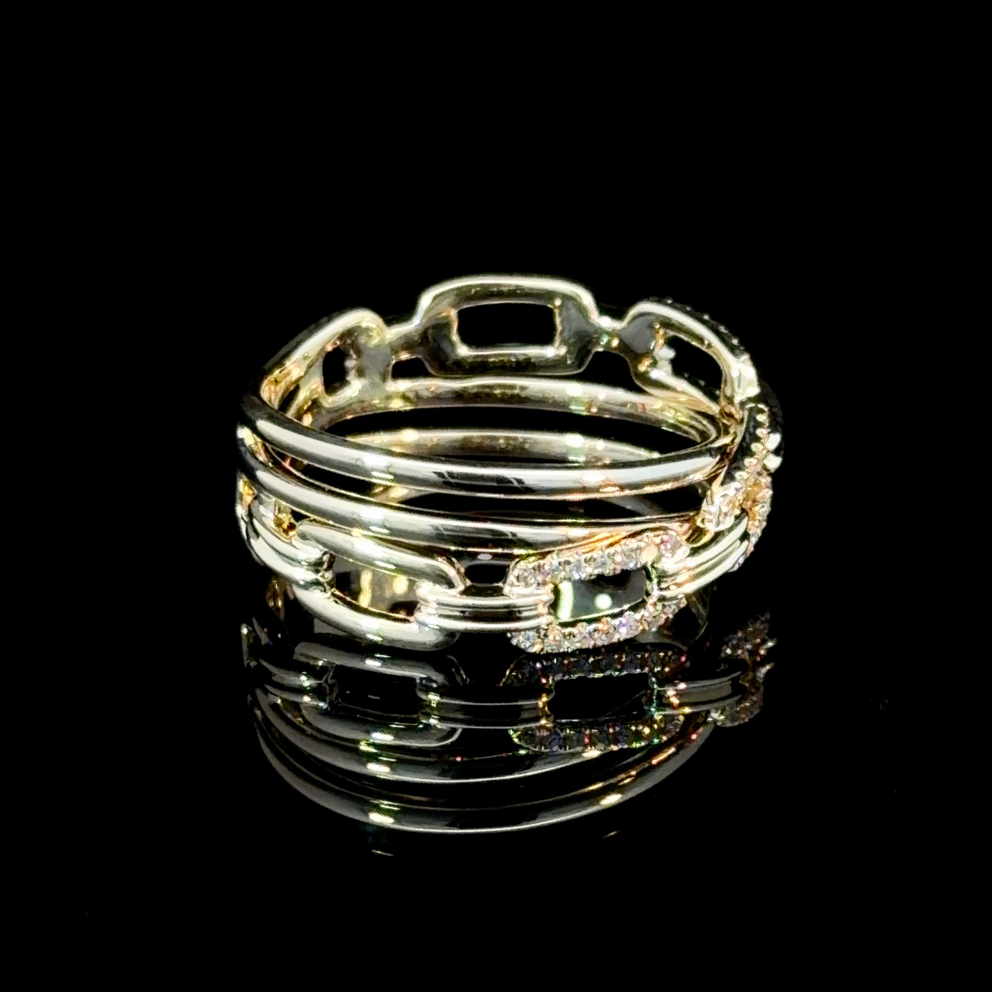 14K Gold Multi-Row Link Ring with Sparkling Diamonds