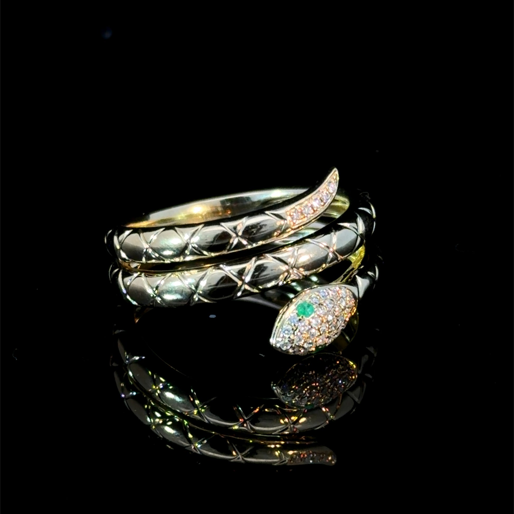 14K Gold Emerald Snake Ring – Diamond Pavé Serpent Wrap Ring