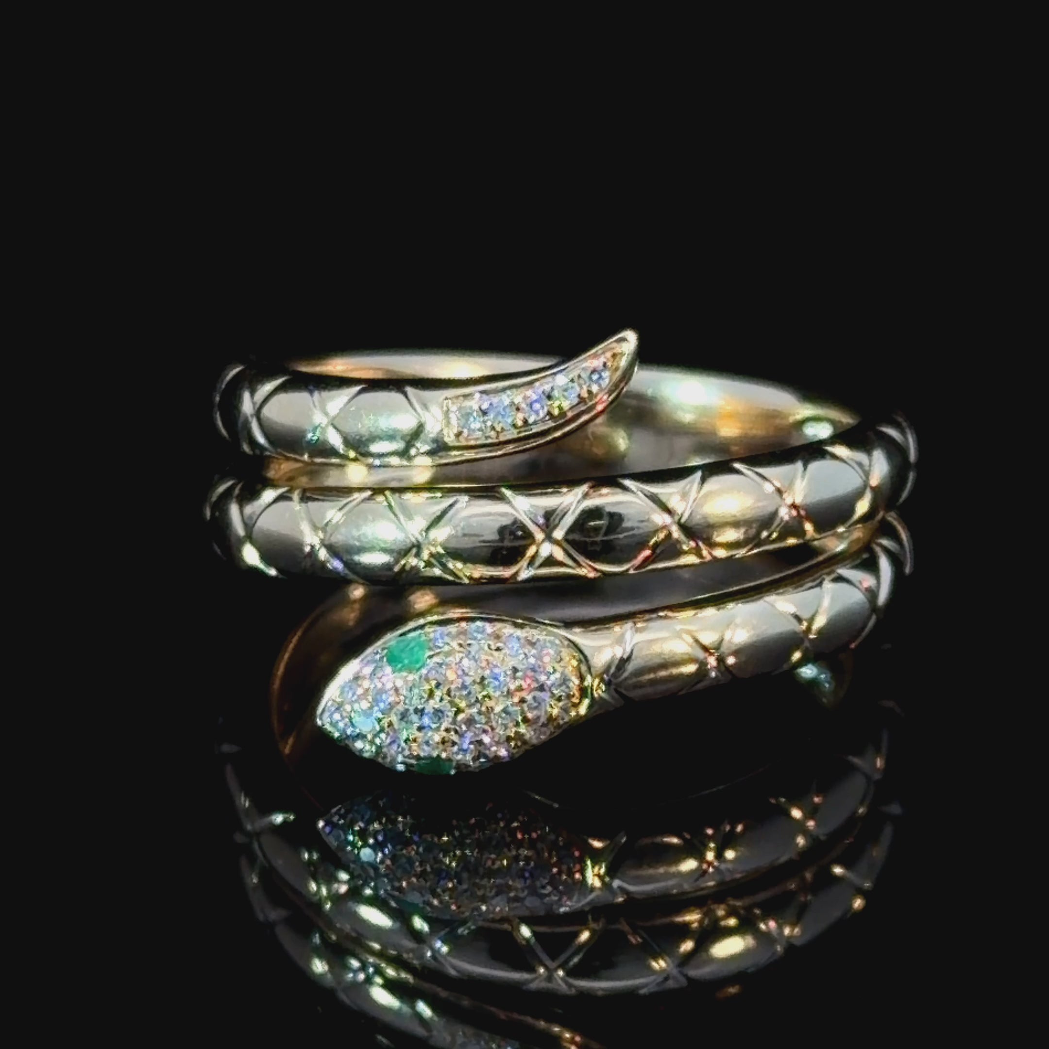 14K Gold Emerald Snake Ring – Diamond Pavé Serpent Wrap Ring