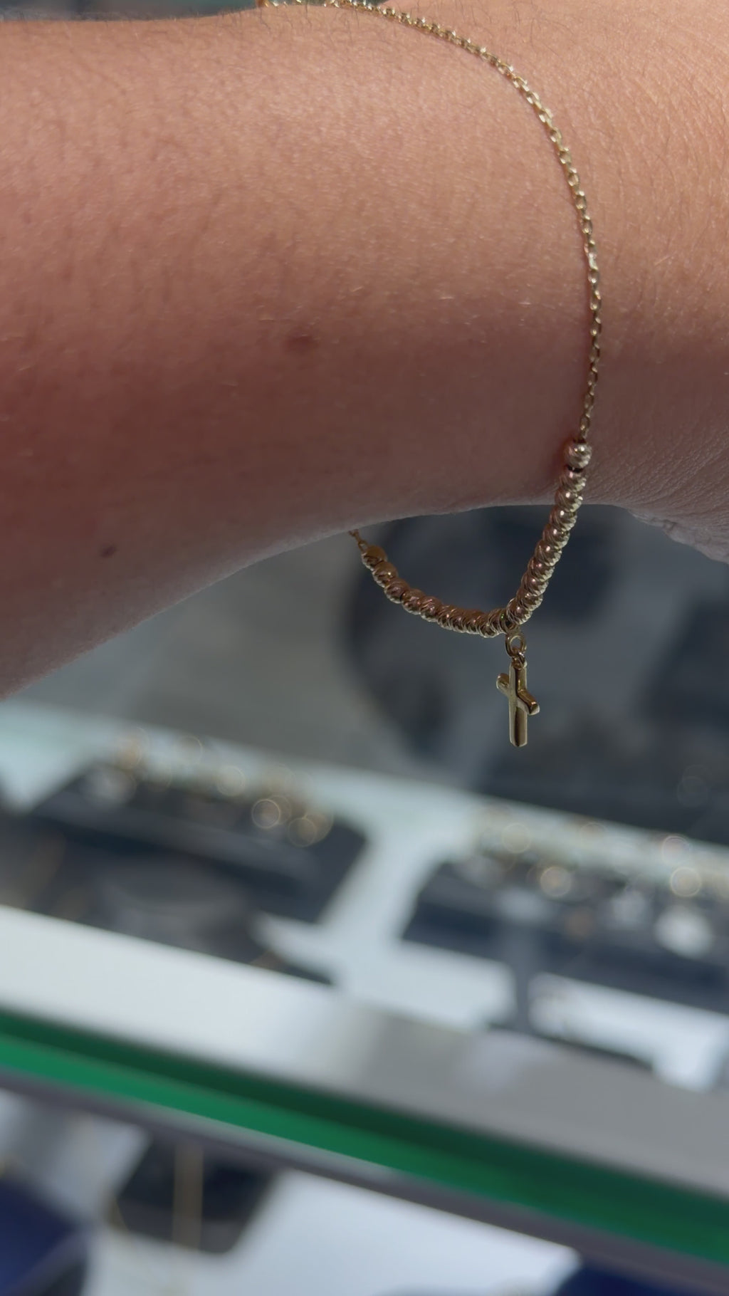 14K Gold Beaded Bracelet with Cross Charm