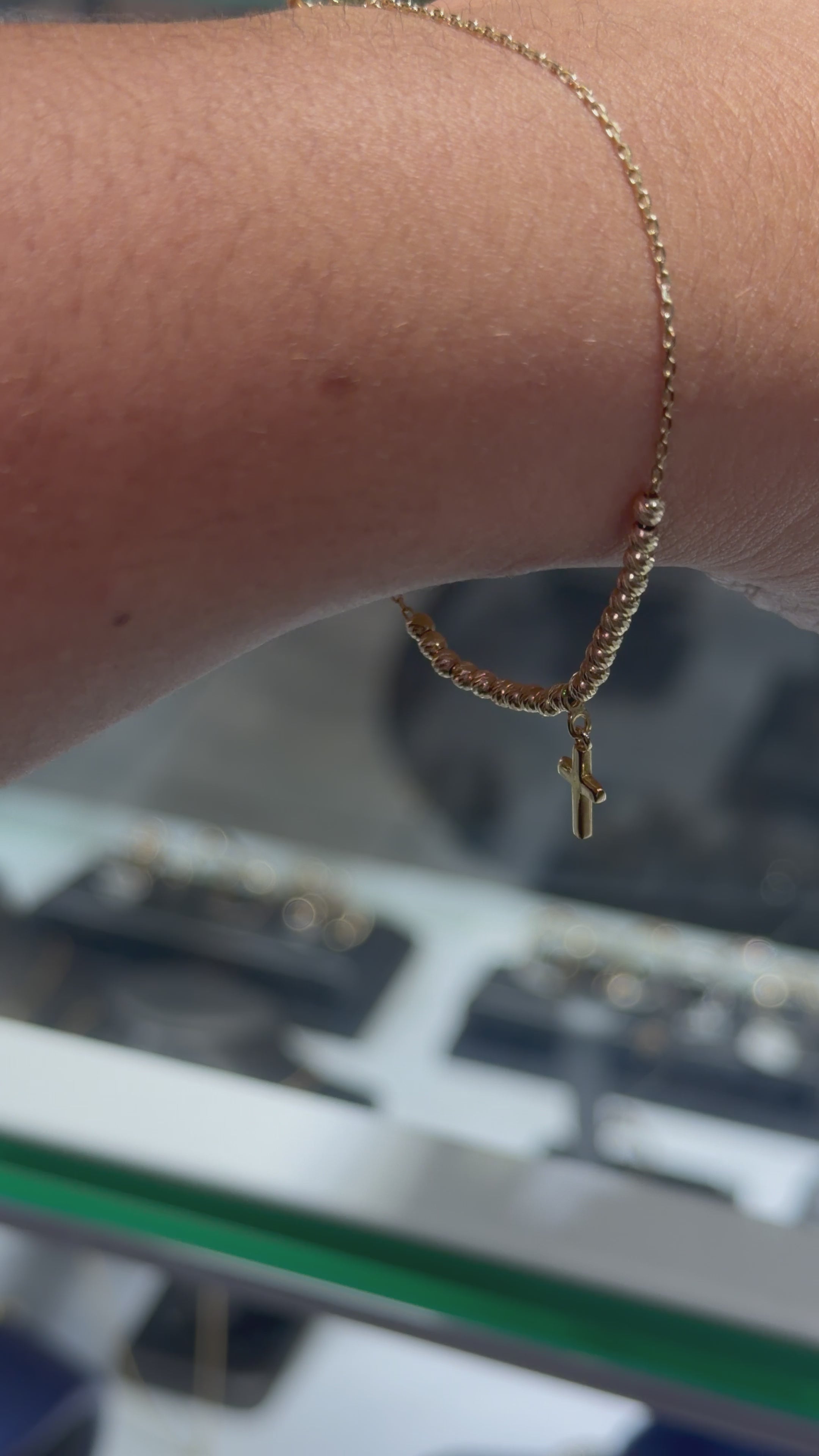 14K Gold Beaded Bracelet with Cross Charm